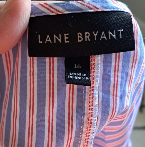 Lane Bryant Blue White and Red Striped No Peek Button Front Peplum Top - Picture 7 of 7